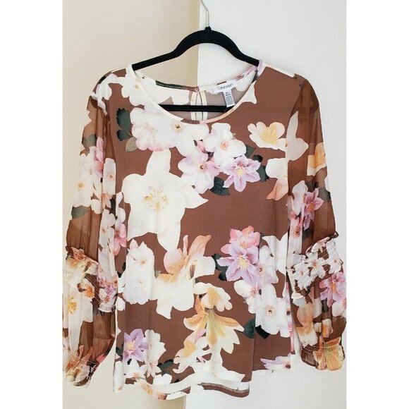 NWT CALVIN KLEIN LONG SHEER SLEEVE BLOUSE MULTICOLOR SZ M - Picture 1 of 6